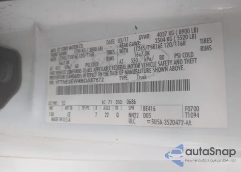 2011 Ford E-250 Commercial z USA, uszkodzony, nr VIN 1FTNE2EW4BDA87672